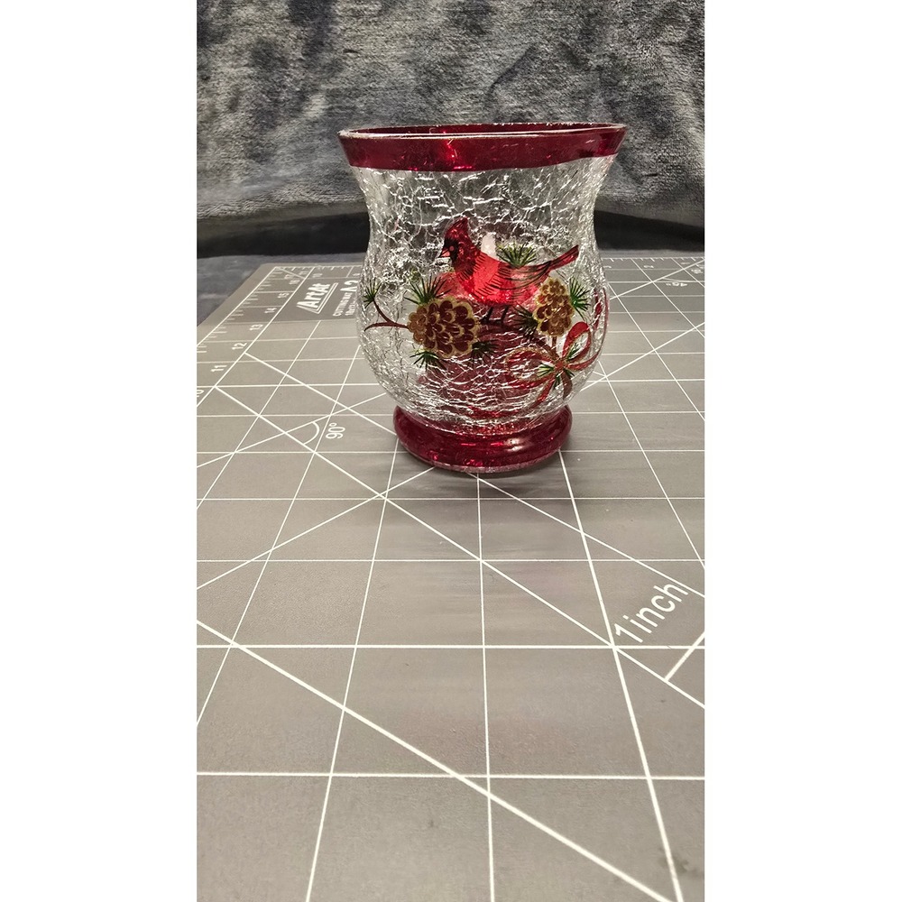 Christmas Cardinal Crackle Glass Hurricane Candle Holder with LED Tea Light